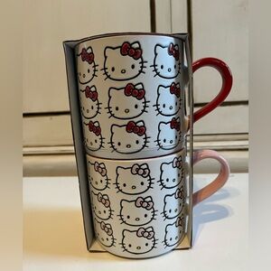 New Hello Kitty mugs set w/embossed signature face red & pink matching handles